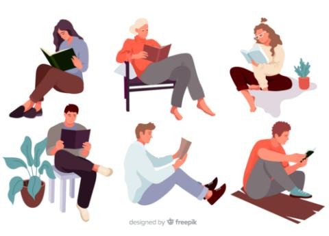 Darstellung von 6 lesenden Personen in verschiedenen Positionen